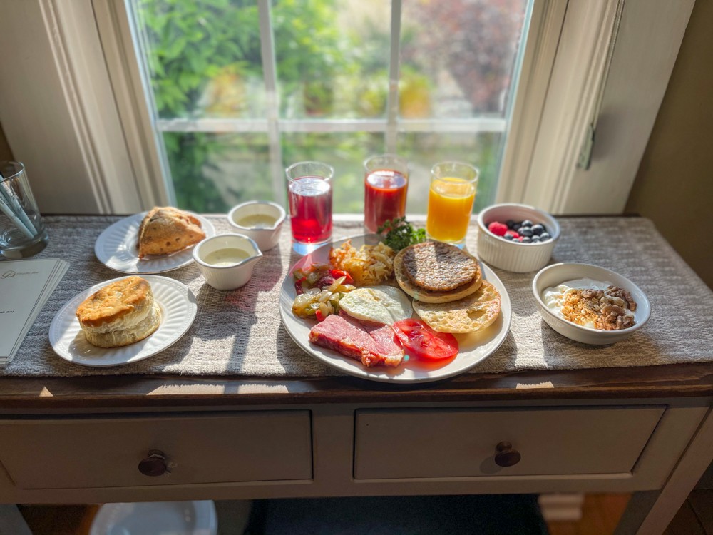 A spread of breakfast foods on a table